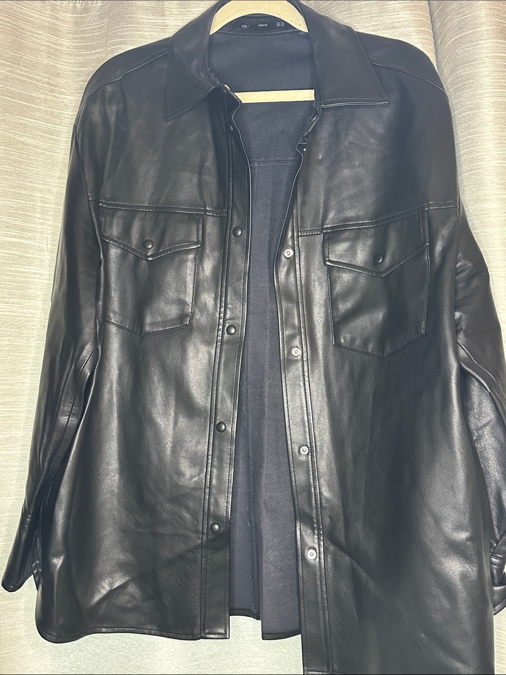 Mango Women’s Black faux Leather Button-Front shirt Jacket
